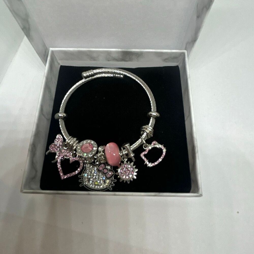 Hello Kitty Pink Charm Bracelet Silver Tone Rhinestone Bangle NEW